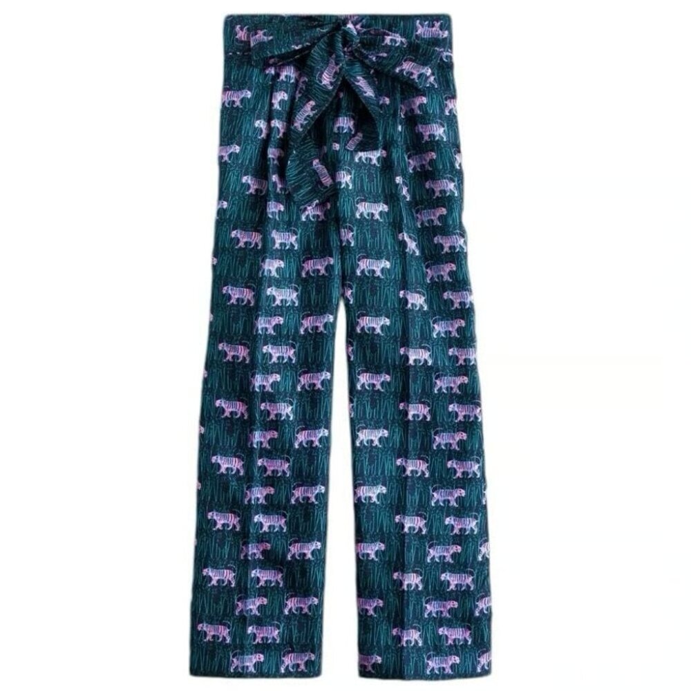 NWT J.Crew Petite Silk Wide Leg in Tiger Navy Jungle Print Belted Crop Pants 4P